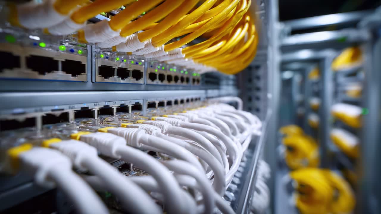 Detailed View of Network Cables and Connections in a Data Center, Showcasing Yellow and White Ethernet Cables Organized Along with Connectivity Points