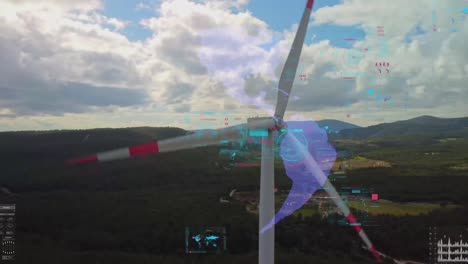 vista aérea de molinos de viento con visualización de datos tecnológicos de visualización holográfica generada digitalmente. turbinas eólicas que generan energía renovable limpia para el desarrollo sostenible de una manera ecológica verde