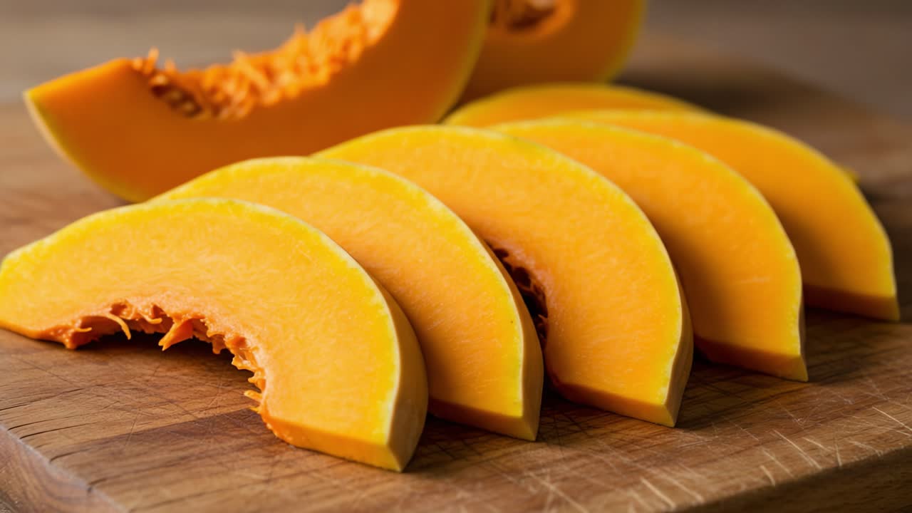 Deliciously Vibrant Slices of Fresh Pumpkin Showcasing Its Rich Orange Color and Textural Quality on a Rustic Wooden Cutting Board