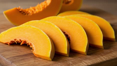deliciously vibrant slices of fresh pumpkin showcasing its rich orange color and textural quality on a rustic wooden cutting board