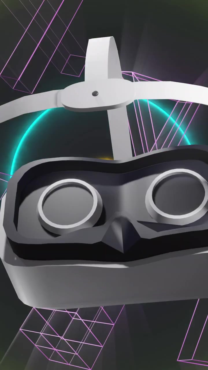Animazione di visore VR su forme 3D e scie luminose