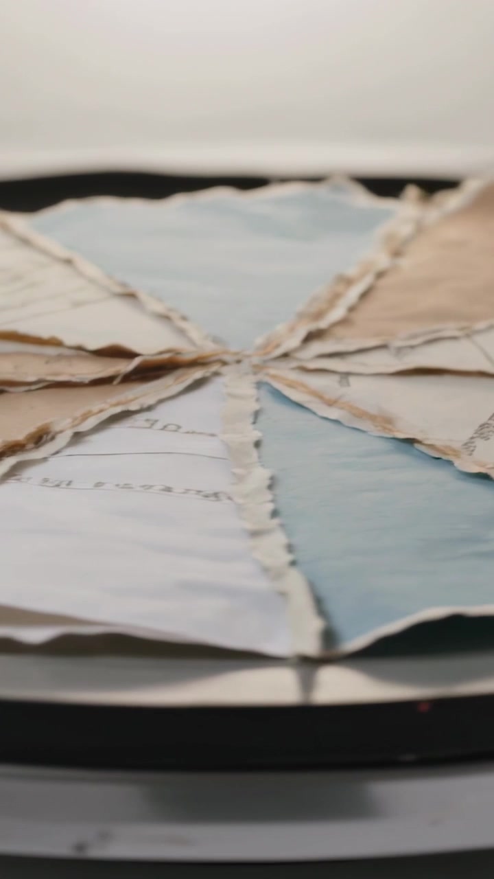 Vertical video: Pulling camera tilting up revealing radial torn panels on black rim to show texture