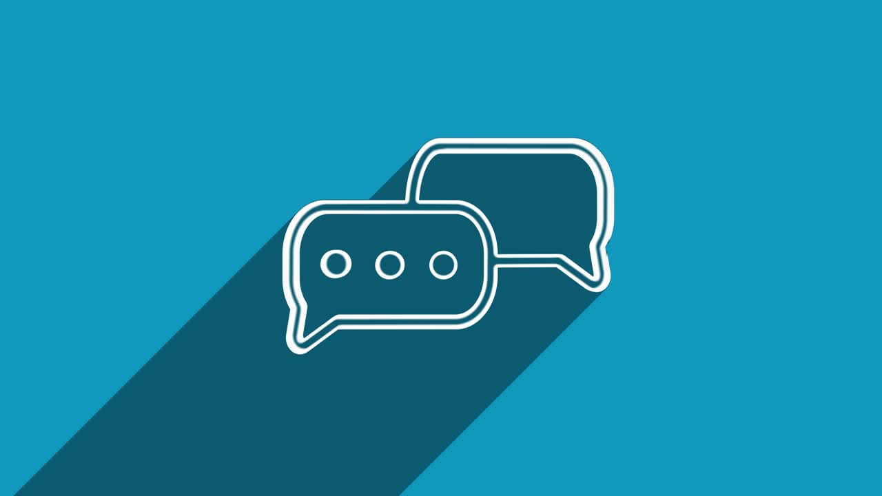 White line speech bubble chat icon with shadow isolated on blue background. Shadow reflection design. 4K video motion graphic animation.