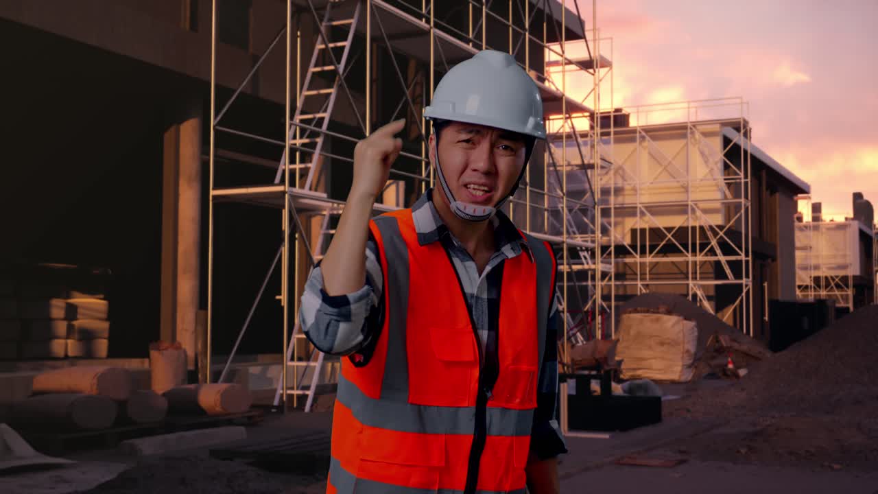 Construction Worker in Hard Hat and Safety Vest Pointing and Speaking