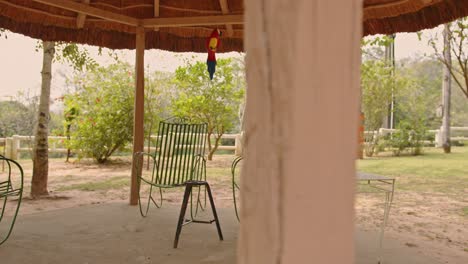 thatched roof gazebo in a country house in paraguay, with green iron chairs underneath, a white table, and a small table for terere on a beautiful