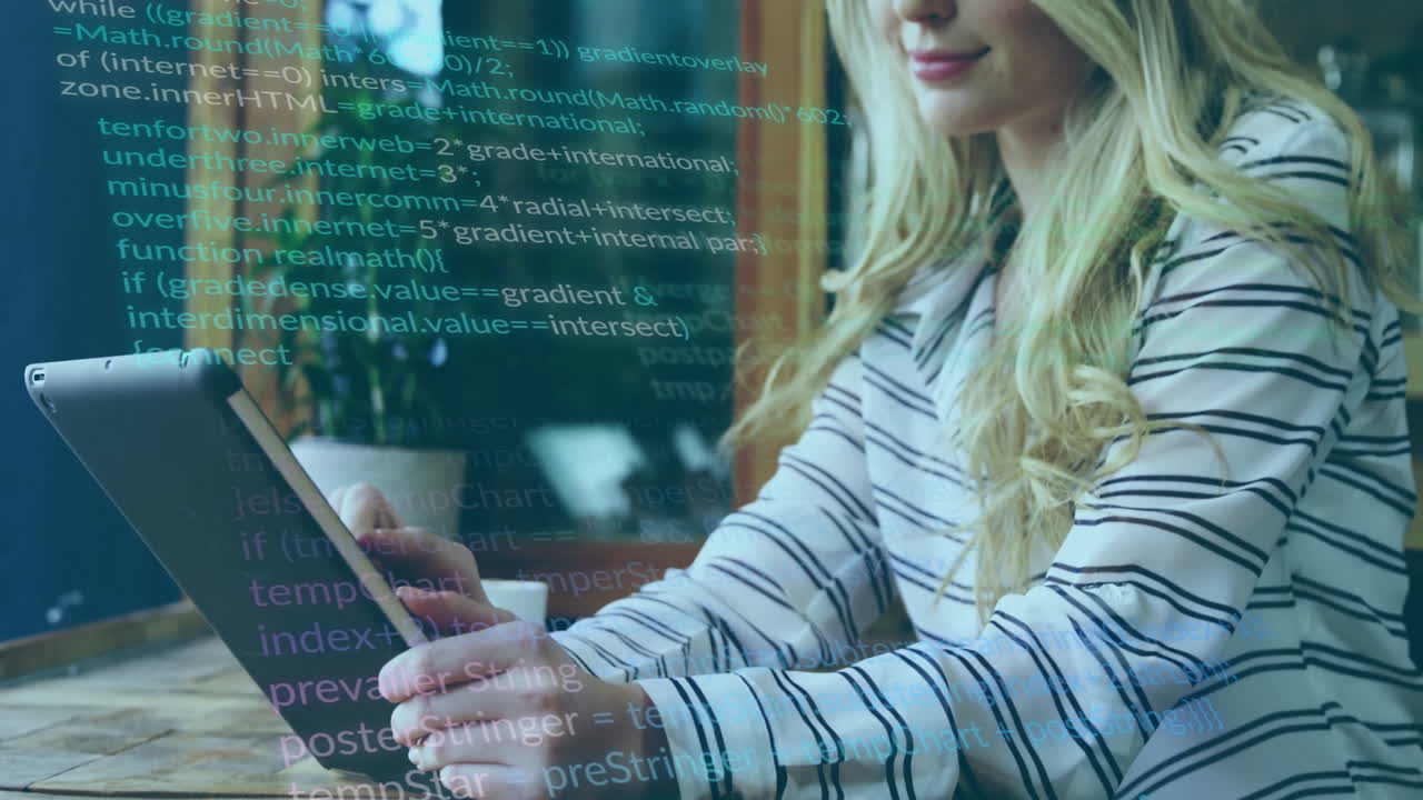Woman using tablet with code and data processing animation overlay