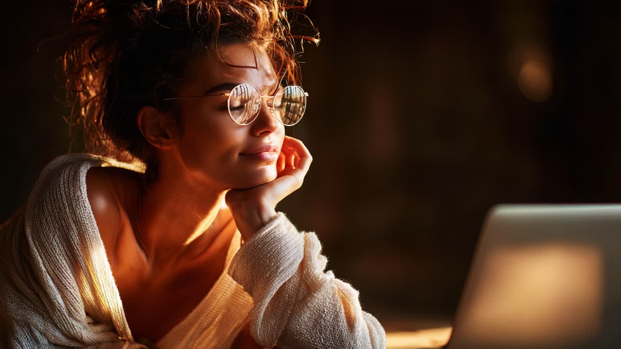 A thoughtful young woman with tousled hair and glasses gazes intently at her laptop, illuminated by warm, gentle light, creating a serene atmosphere filled with contemplation