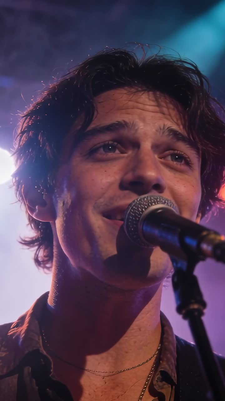 Vertical video: Singing male singer in dark shirt prompted by cue on stage, mic guitar strap haze