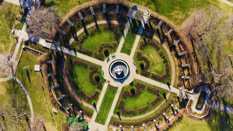 symmetrical aerial view of garden park pathways with plants and benches