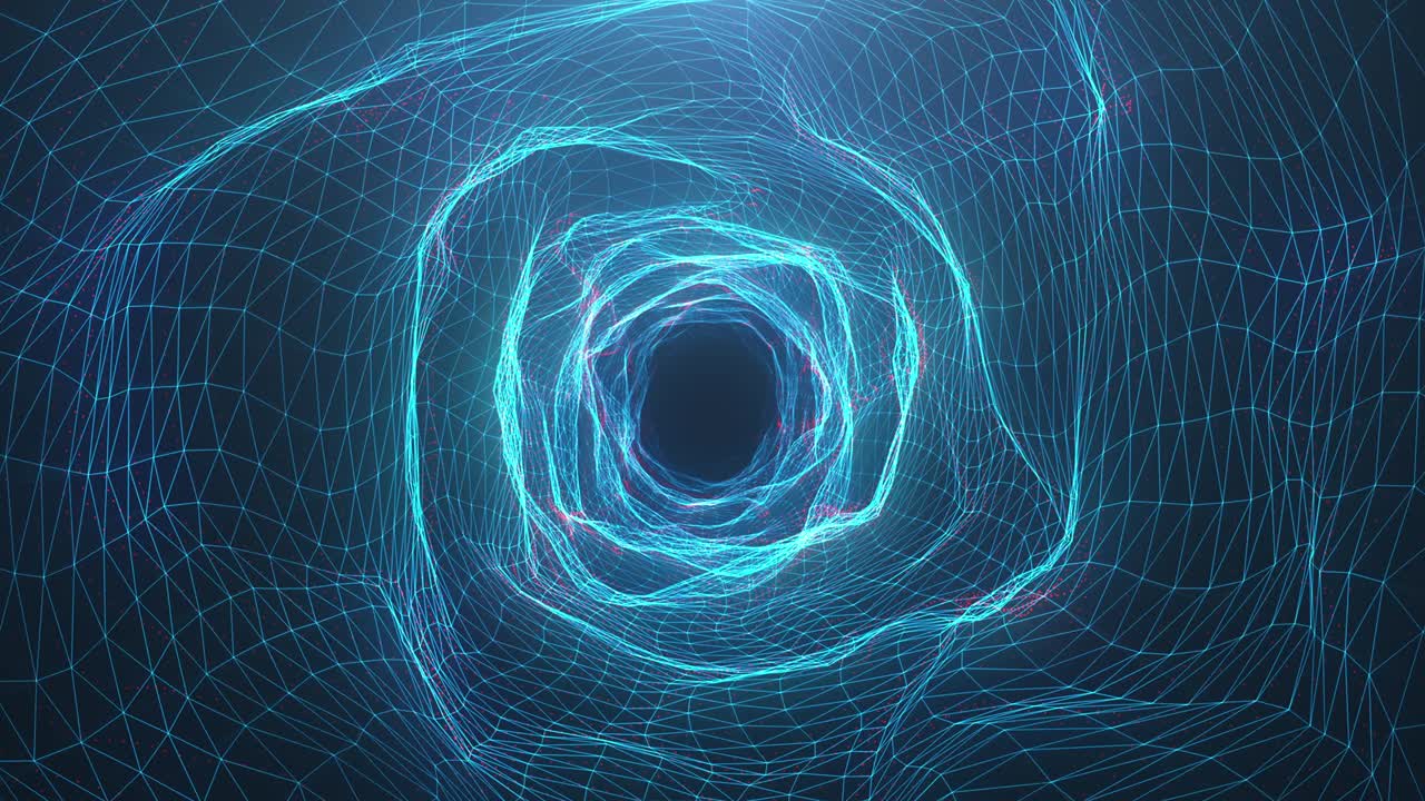 Abstract motion digital wormhole, tunnel consisting blue sparkling particle and lines. Way through the digital network beautiful blue particles. Seamless Loopable 3D 4K animation
