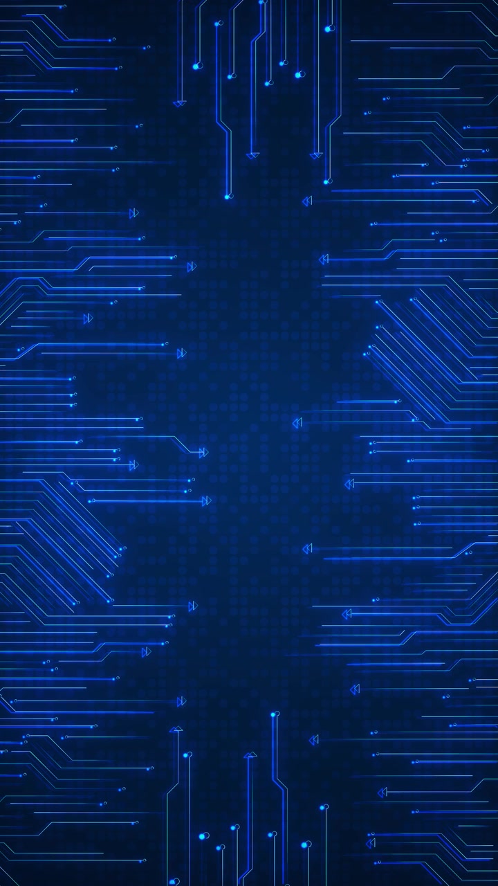Blue circuit arrow technology background with glowing electronic paths dotted matrix texture and
