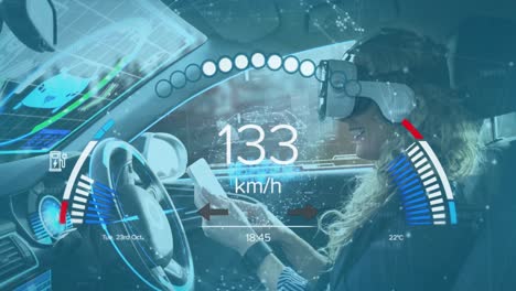 Animation-Der-Benutzeroberfläche-Mit-Ladebatteriesymbol-Und-Tachometer-über-Einer-Frau-Mit-VR-Headset