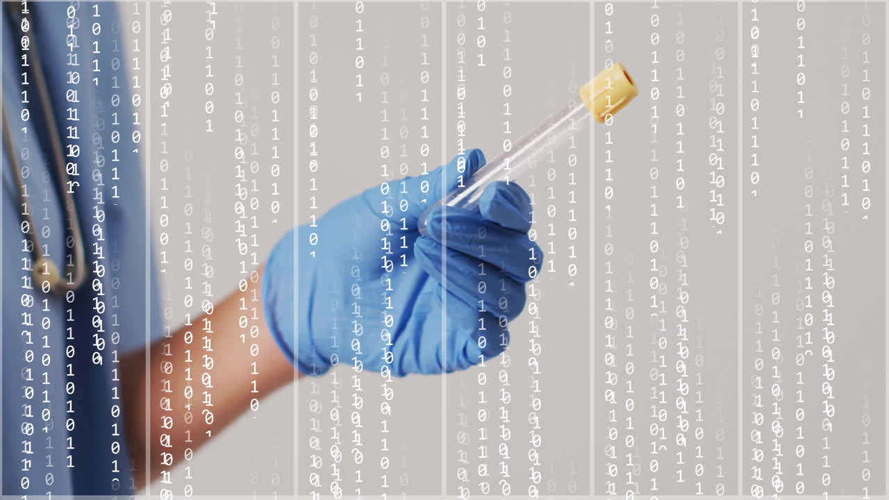 Gloved hand holding test tube over binary code animation