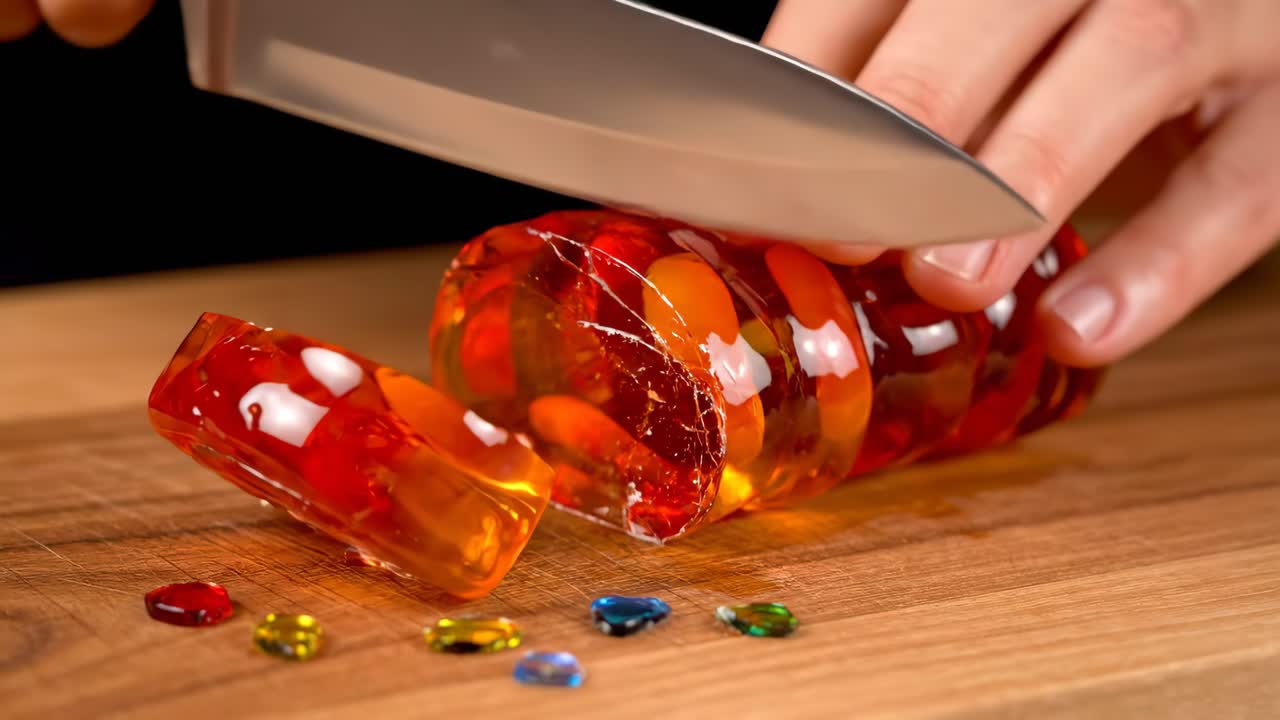 Cutting red jello with a knife