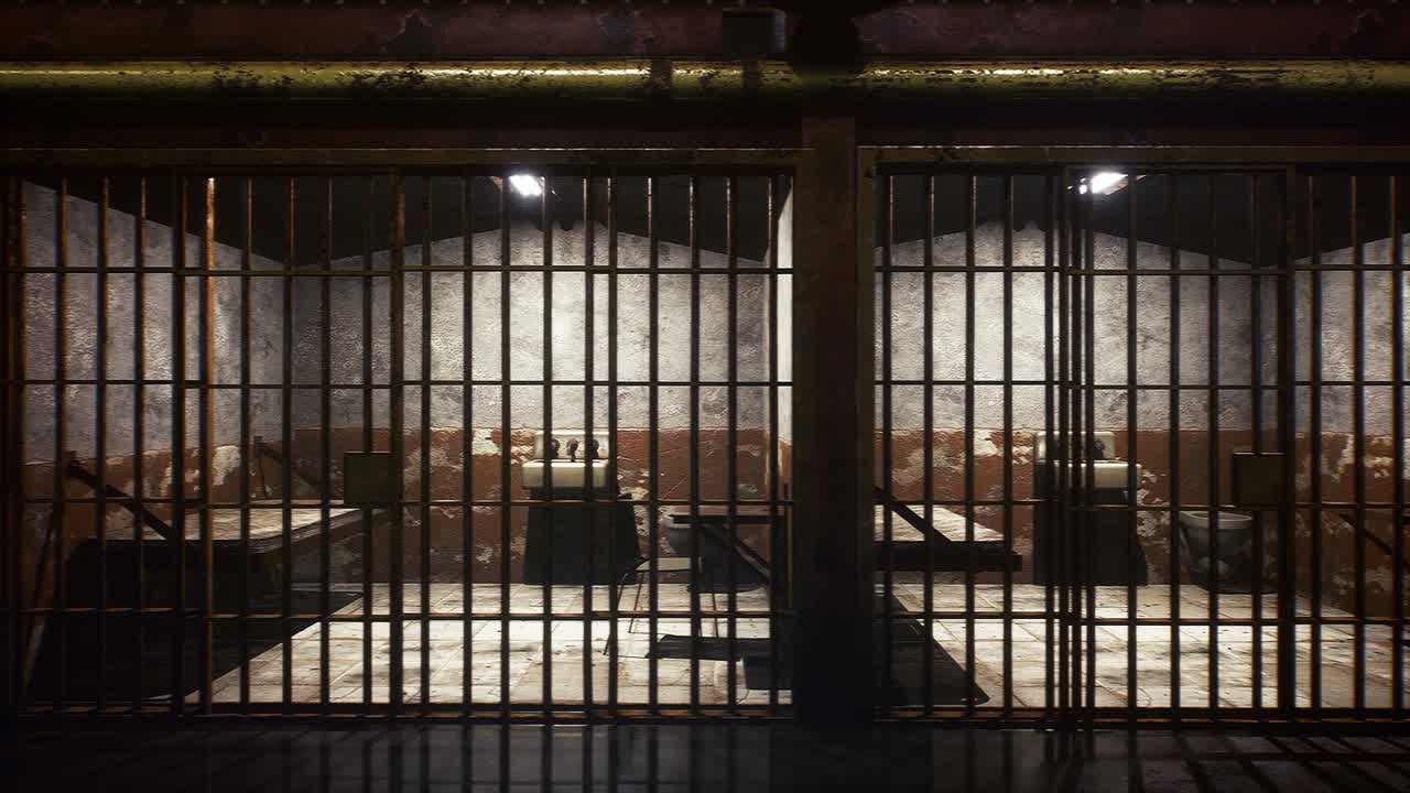 An old prison with empty closed cells. The seamless loopable animation is designed for crime, violence or historical backgrounds. View of an ancient prison.