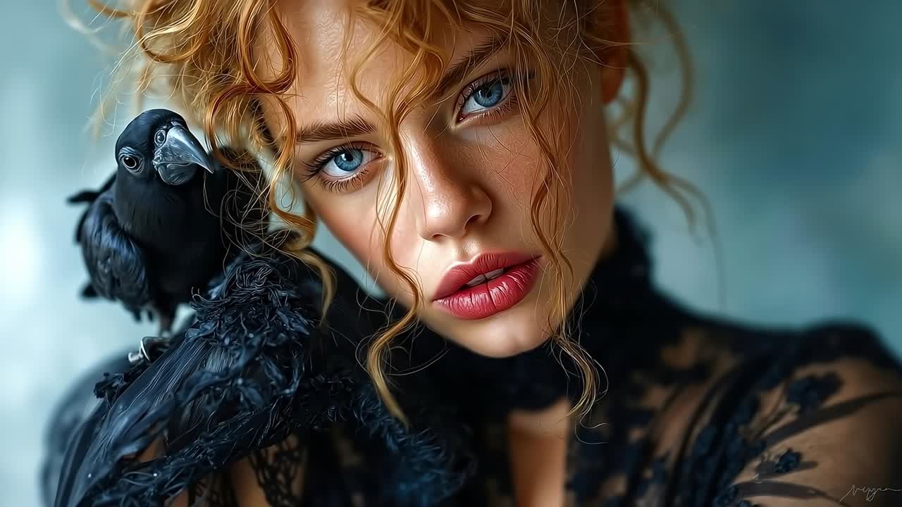 A woman with a bird perched on her shoulder