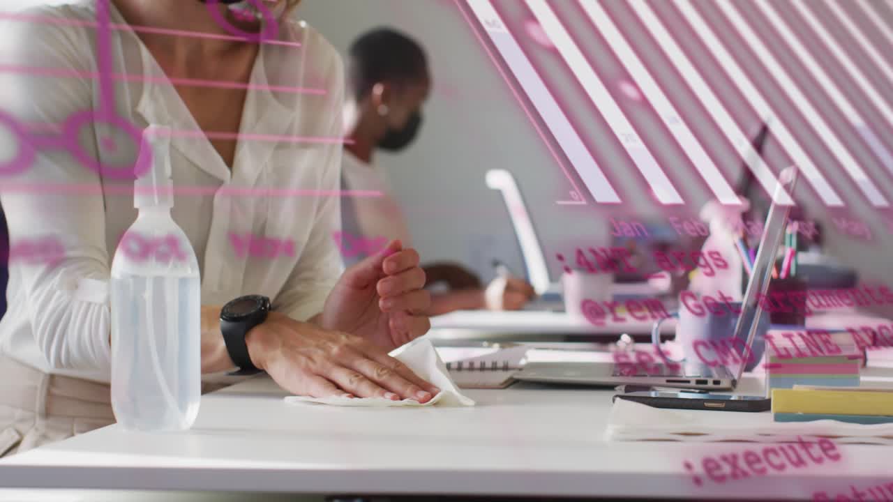 Animation of data processing over caucasian woman disinfecting office