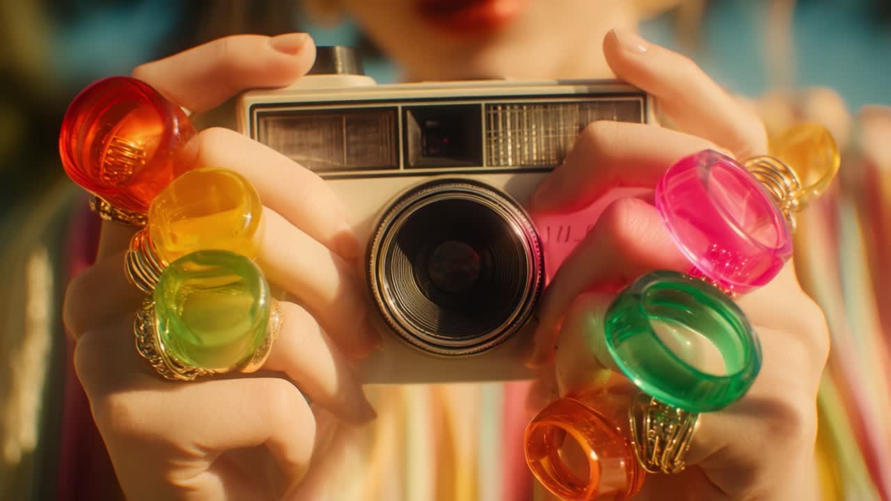 A Playful Capture of Retro Photography: Celebrating Colorful Accessories and Nostalgic Moments with a Vintage Camera Enthusiast in a Bright, Sunny Atmosphere
