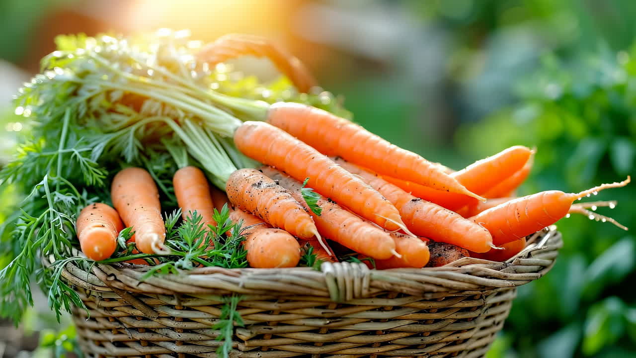 Zanahorias recién cosechadas en una cesta. Zanahorias de color naranja brillante recogidas en una cesta de mimbre, mostrando productos frescos de una huerta de verano en un día soleado.