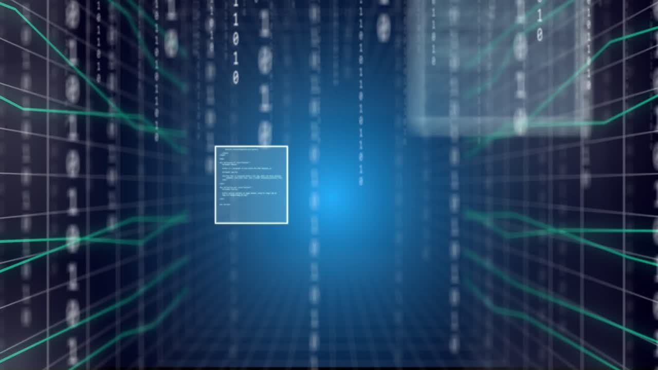 Animation of squares with data processing over shapes and binary coding
