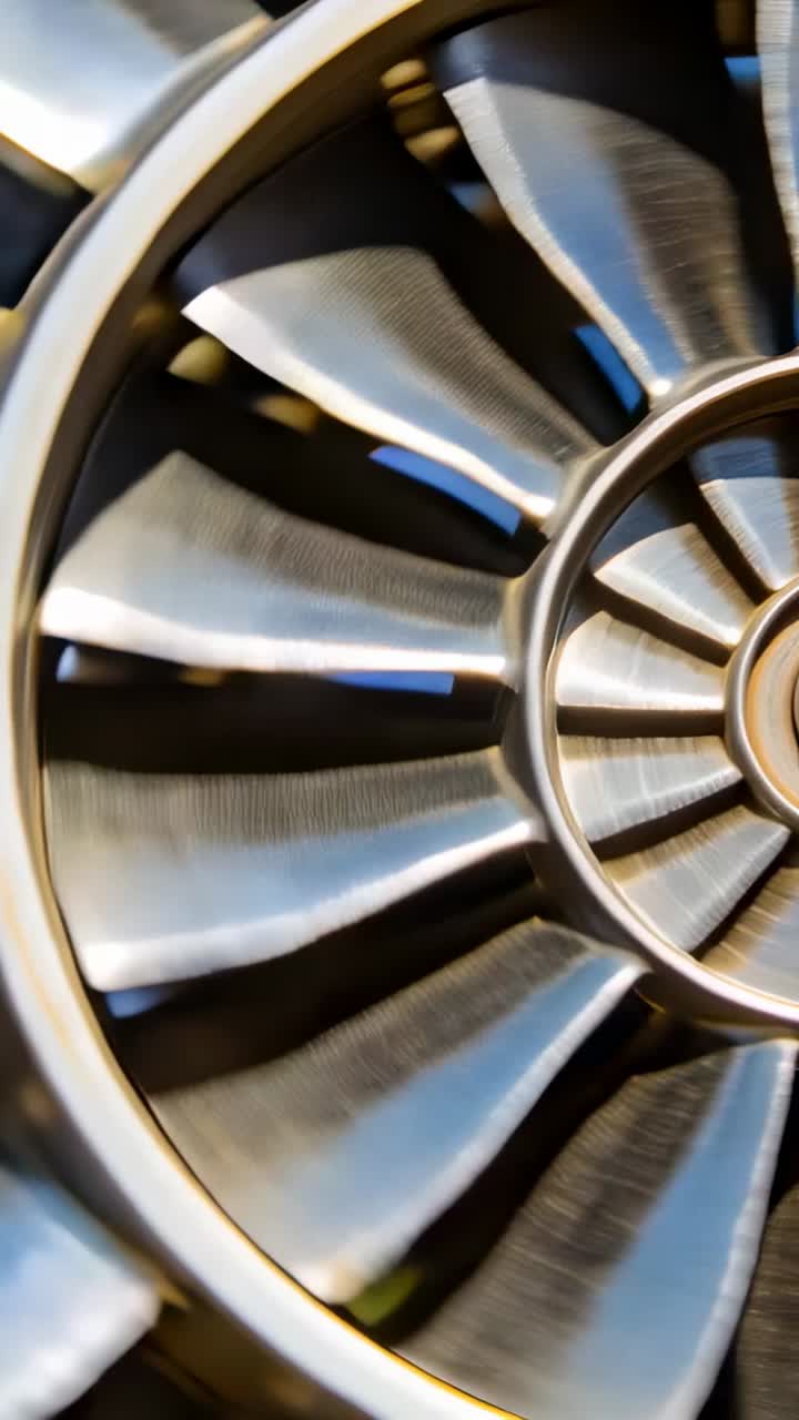Vertical video: Engaging power, turbofan fan face rotating in nacelle inlet, showing blades and hub