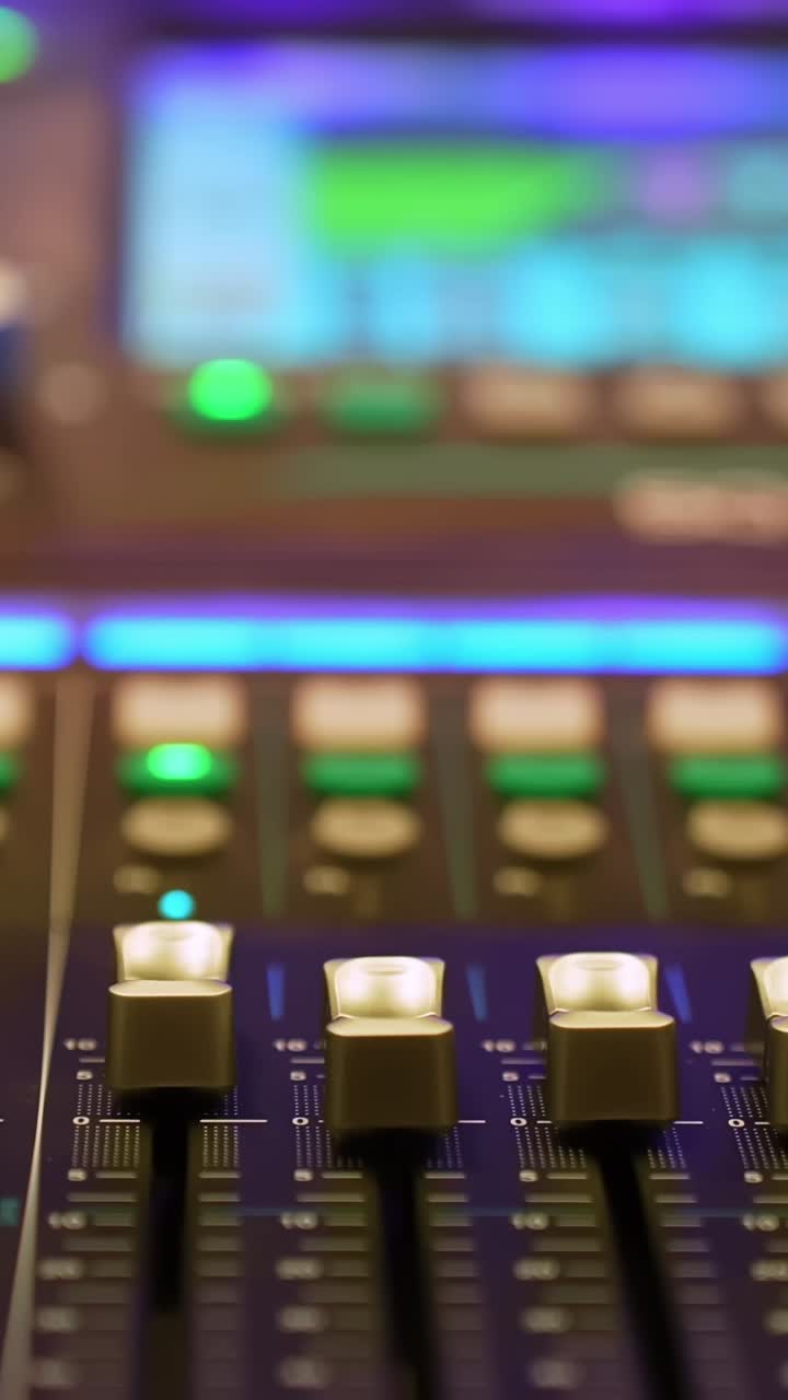 Primo piano verticale dei fader di un mixer e del misuratore LED luminoso su una console professionale, con sfondo a fuoco poco profondo – perfetto per la produzione musicale, la trasmissione e la tecnologia degli eventi dal vivo.