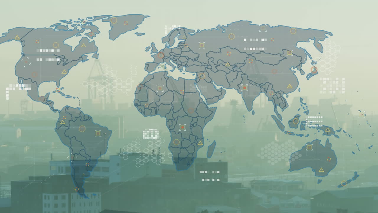 animación del procesamiento de datos sobre el mapa del mundo contra la vista aérea del paisaje urbano.
