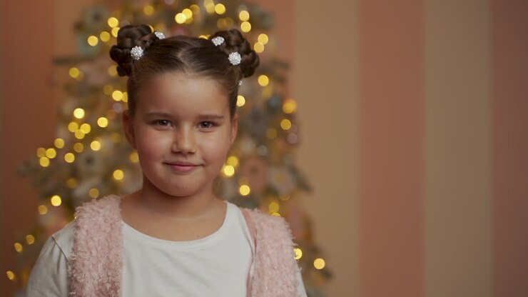 Niña posando y bailando, mirando a la cámara con espacio para texto