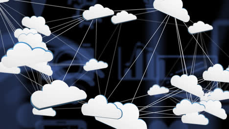 animación de iconos digitales y red de nubes digitales sobre un fondo azul oscuro