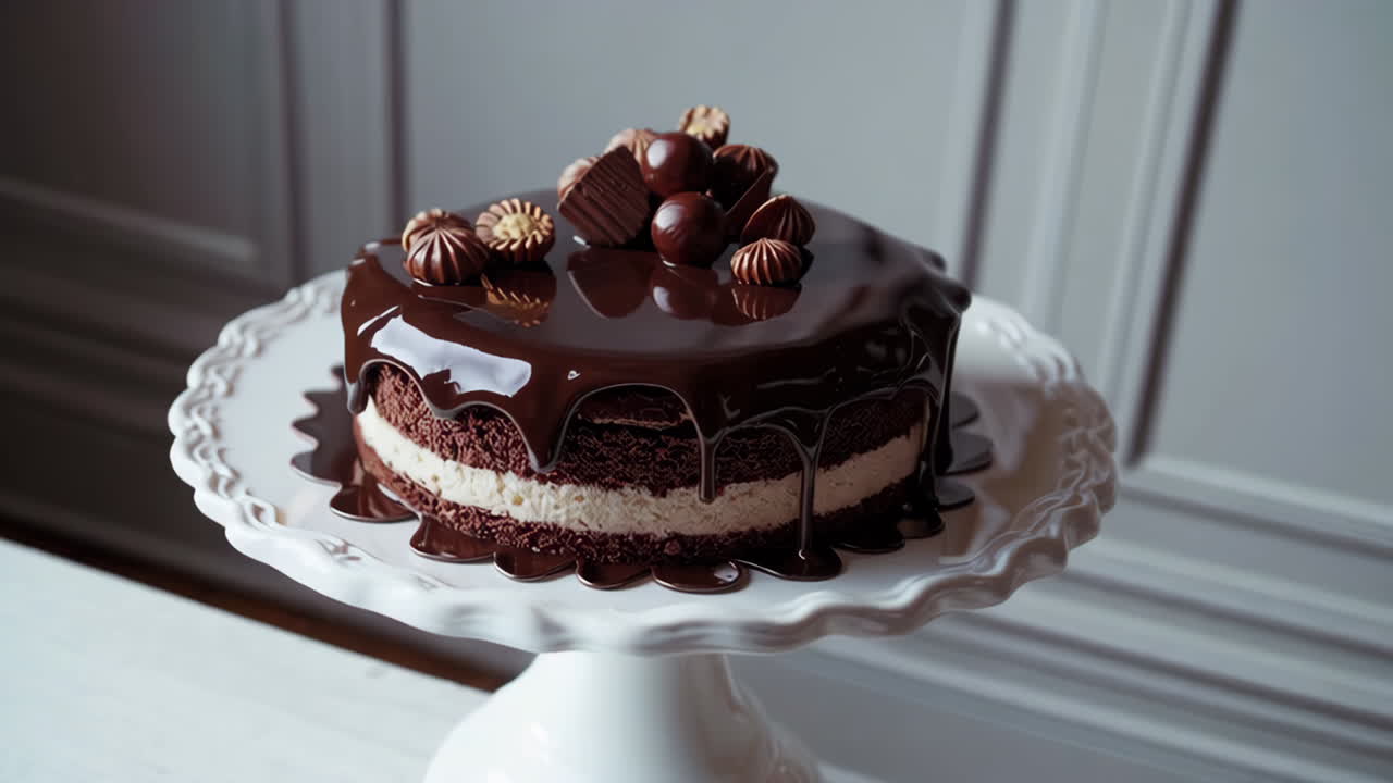 Sontuosa torta al cioccolato con ganache e decorazioni dolciarie