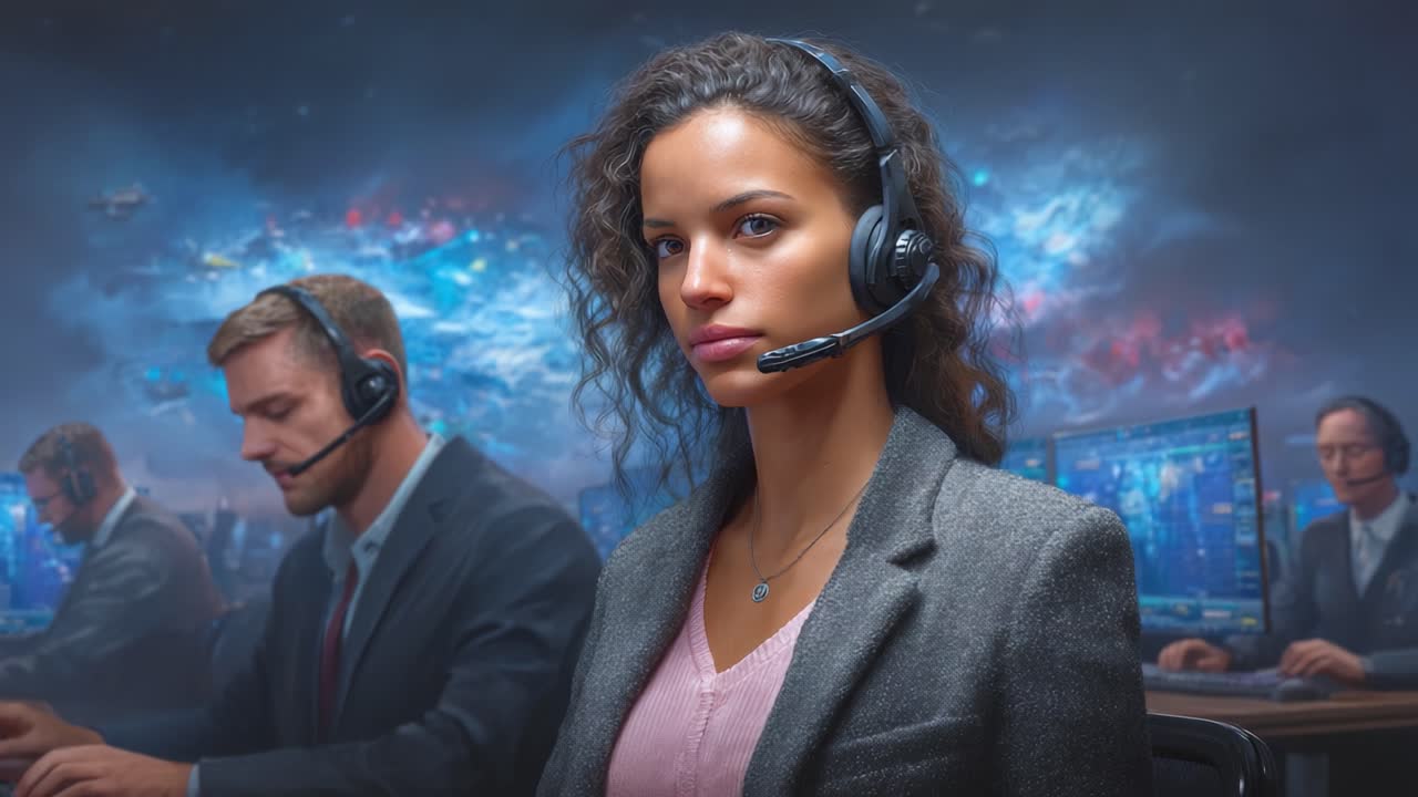 Focused Team of Analysts in a High-Tech Control Room, Equipped with Headsets, as They Monitor Complex Data Streams in a Dynamic Digital Environment