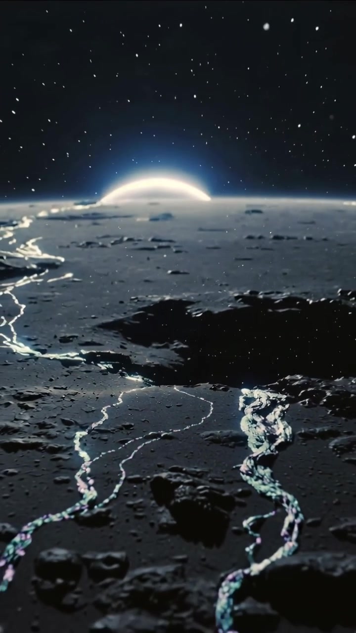 Vertical video: Pulling back camera, cratered plain revealing iridescent trails and rising sun