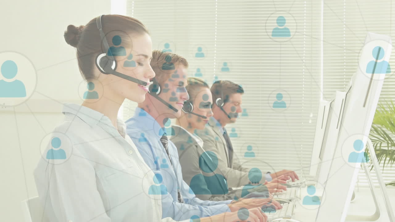 전화 헤드 ⁇ 을 착용 한 사업가 들 을 통한 연결 네트워크 의 애니메이션