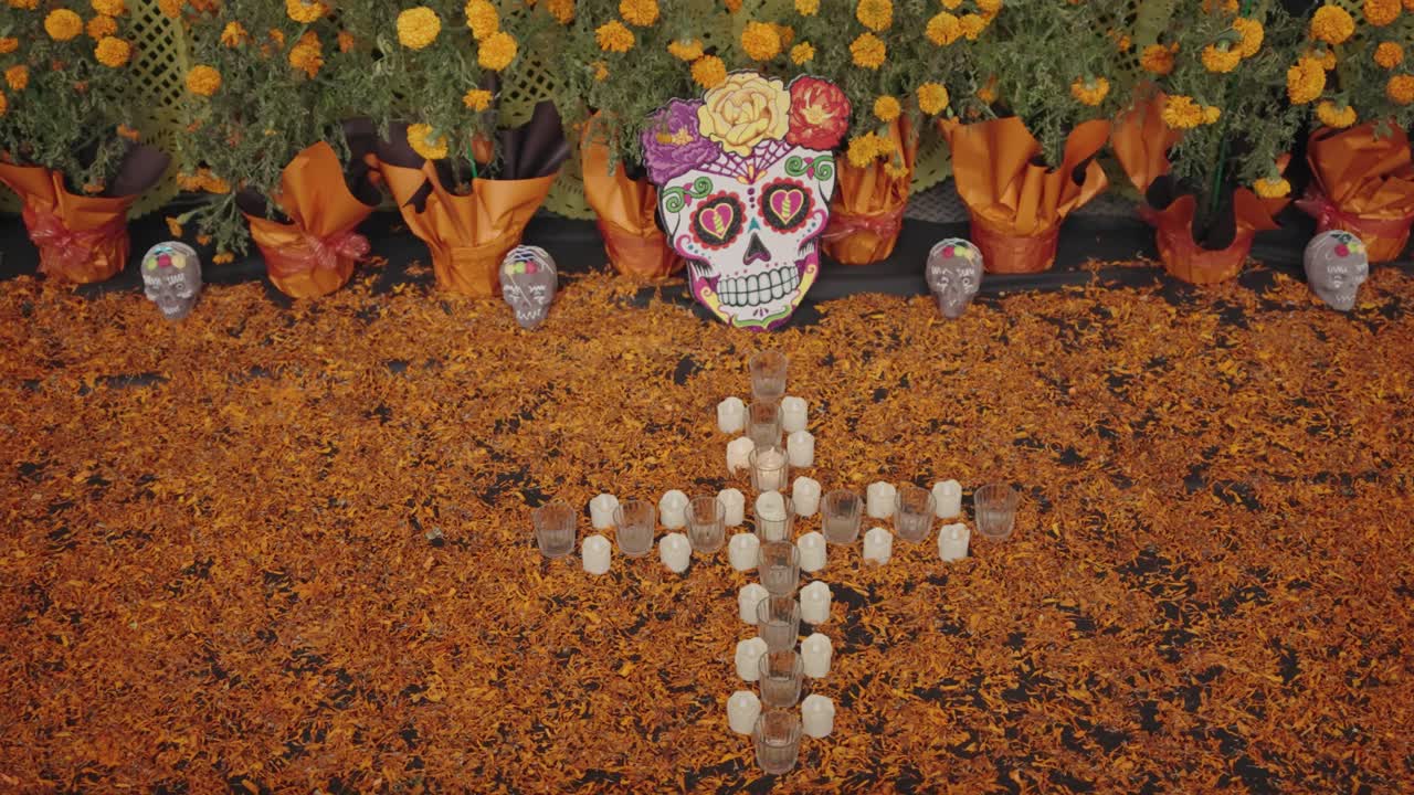 Day of the Dead Altar with Candles and Marigolds