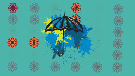 animation of umbrella over flowers on green background