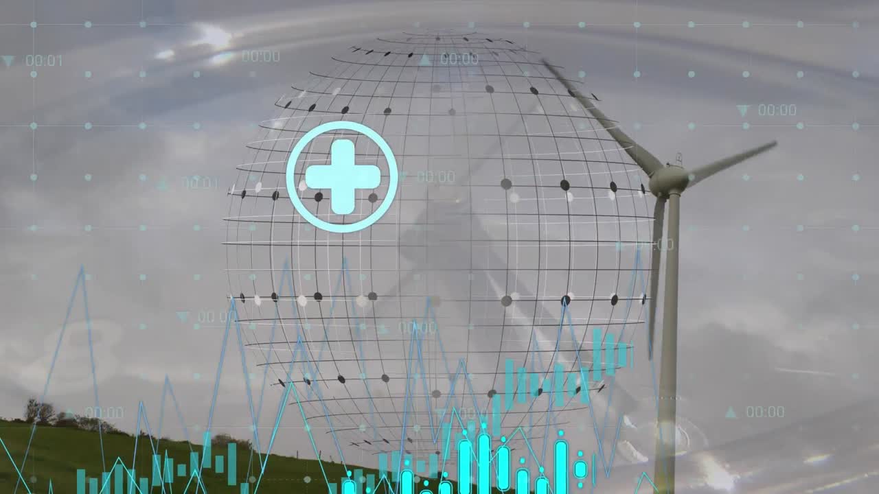 지구와 풍력 터빈에 대한 데이터 처리의 애니메이션