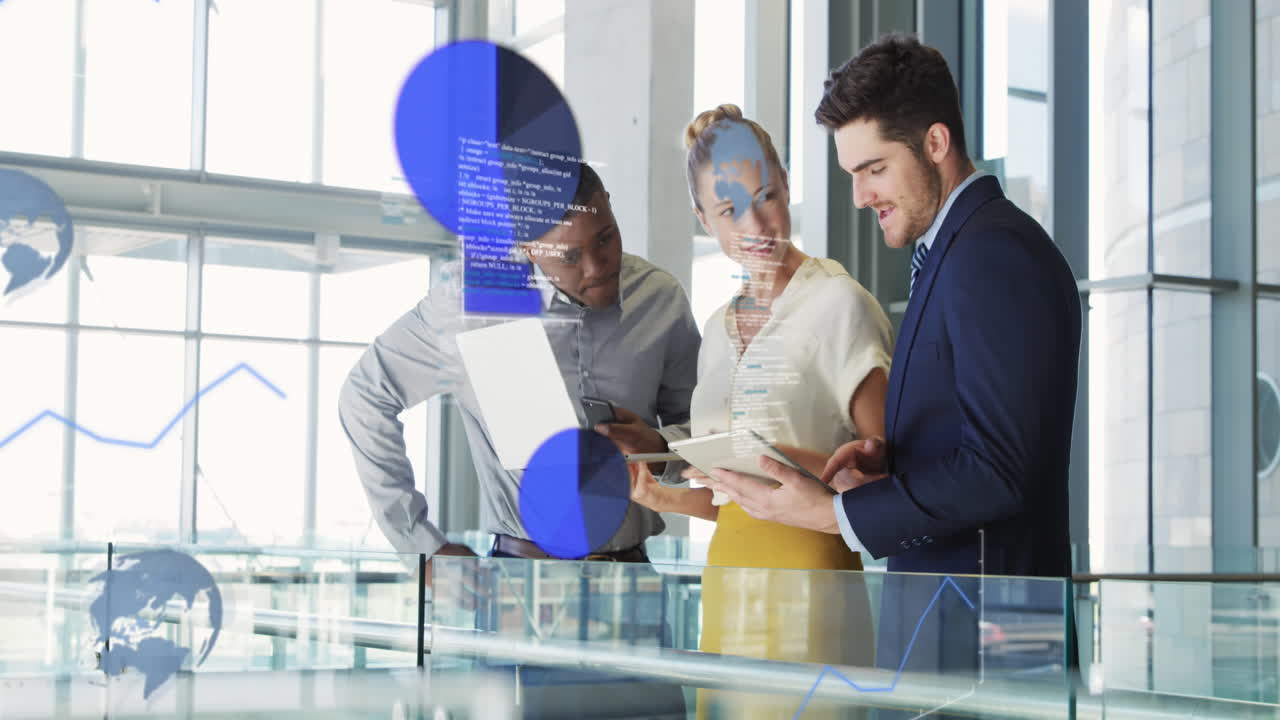 Animation of financial data processing over diverse business people in office