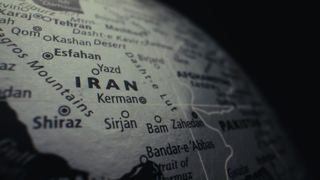Close-up of a world map focusing on Iran