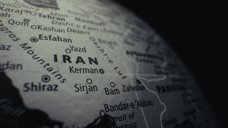 close-up of a world map focusing on iran