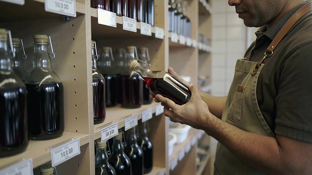 Reaching for bottle clerk in apron checking bottles aligning labels on shelving for sale