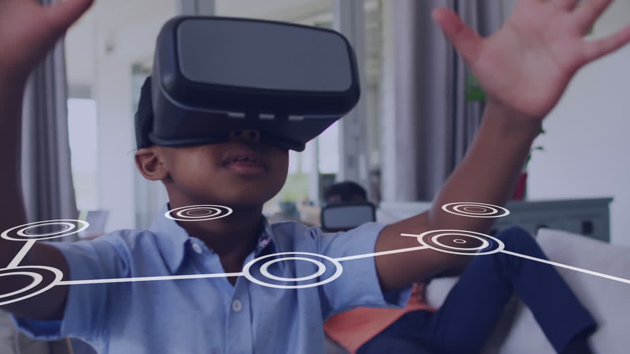 Animation of network of connections over happy african american boy using vr headset