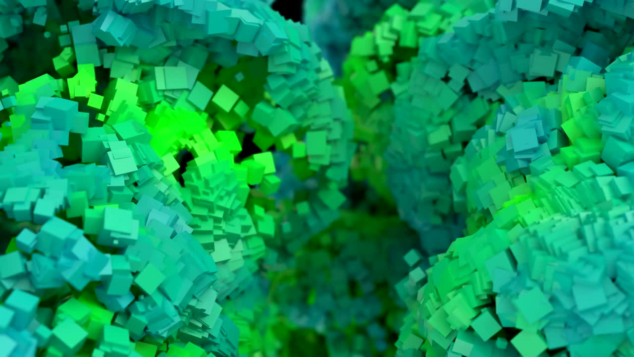 추상적인 큐브 형태가 프레임을 가로질러 폭발합니다.