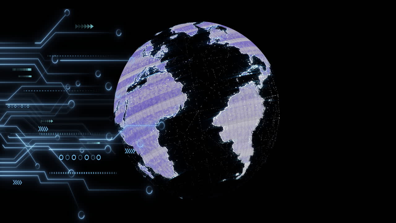 Animation of circuit board and data processing over globe