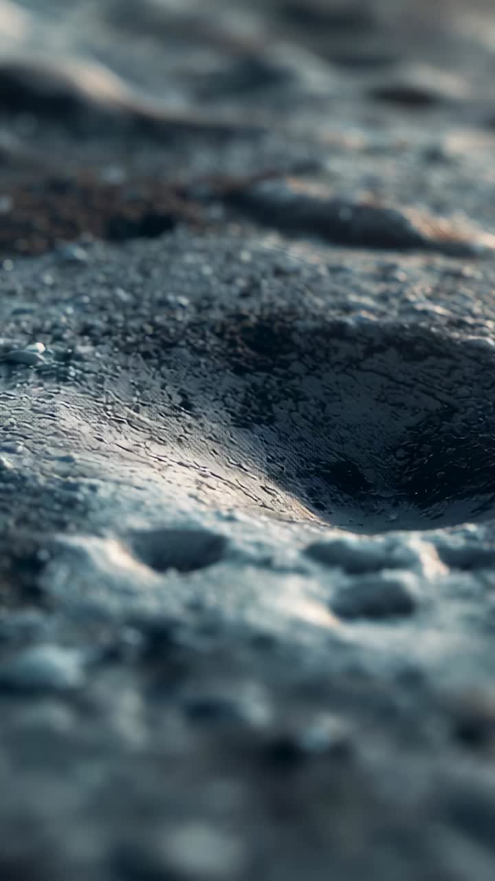 Vertical video: Moving camera revealing rough cratered ground macro, shifting focus across ridges