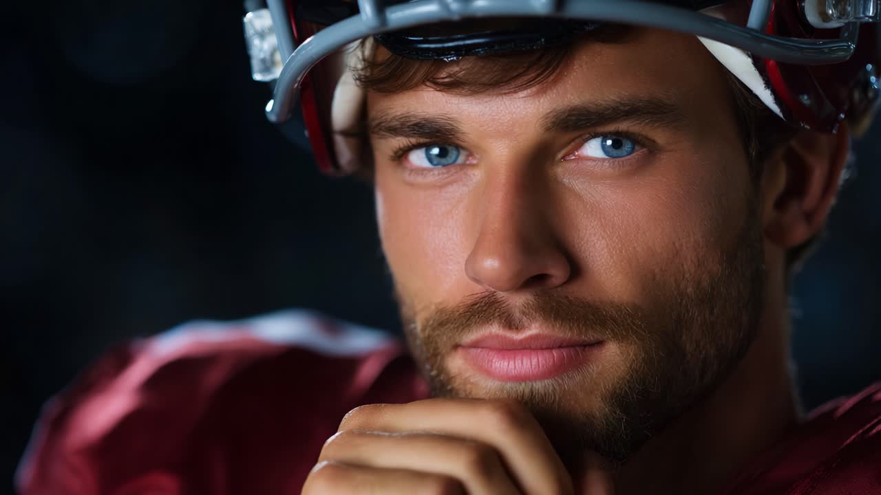 Intense Focus and Determination: A Close-Up of a Young Football Player Wearing a Helmet, Portraying Confidence and Strength in the Game's Moment of Anticipation