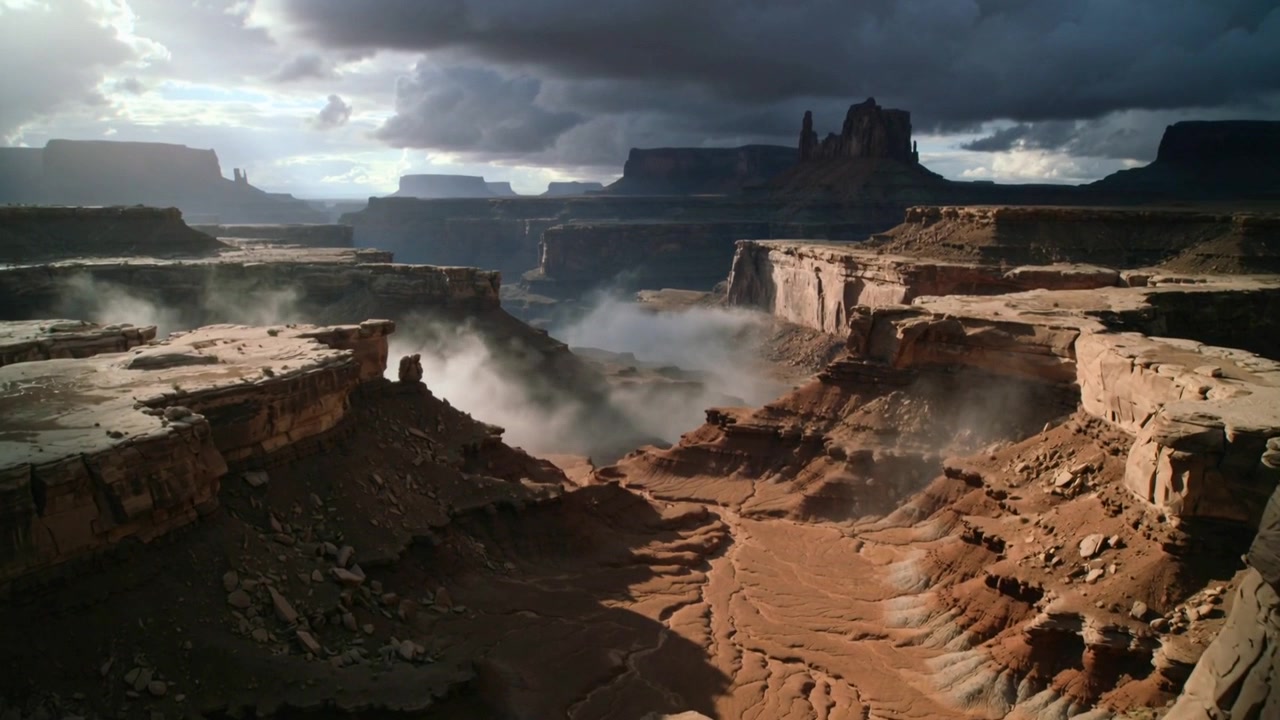 Shifting camera forward and downward over sandstone canyon plateau, gusts stirring dust and mist