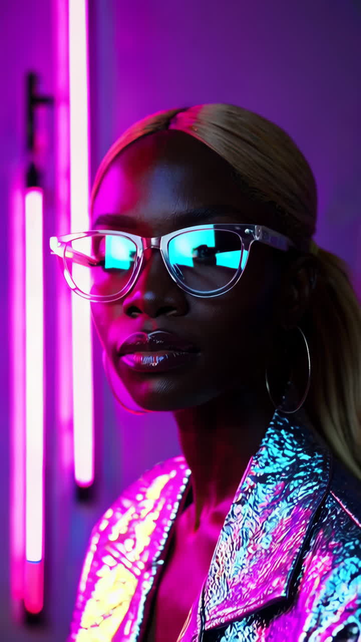Neon-Lit Cyberpunk Portrait of a Woman with Glasses