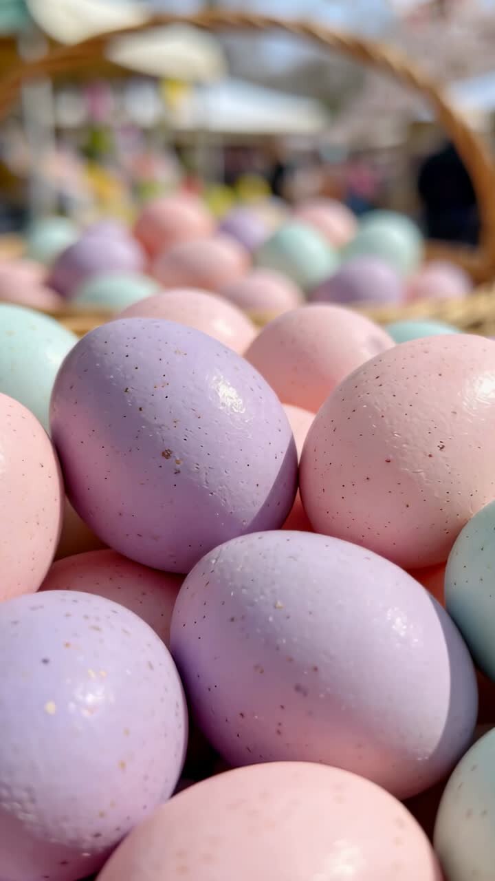 Vertical video: Camera sliding over pastel speckled eggs at market, revealing texture for retail