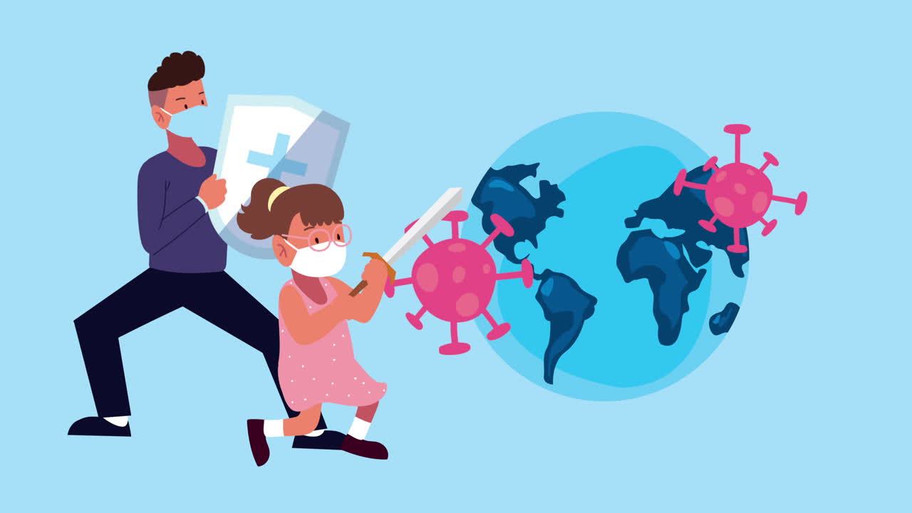 남자와 소녀가 코로나19 예방을 위해 싸우는 애니메이션