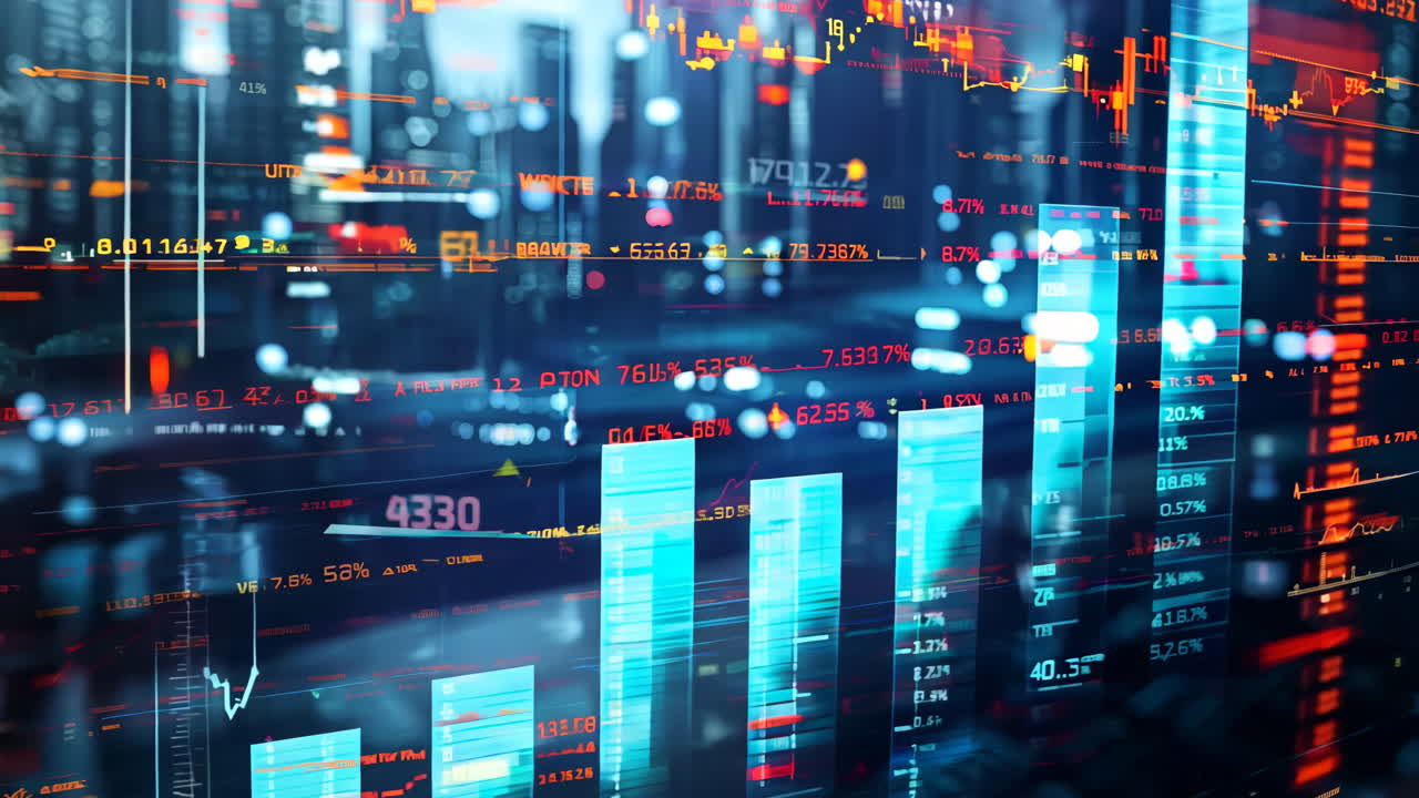 A city skyline with a lot of lights and a lot of numbers. The numbers are on a screen and they are all different sizes.